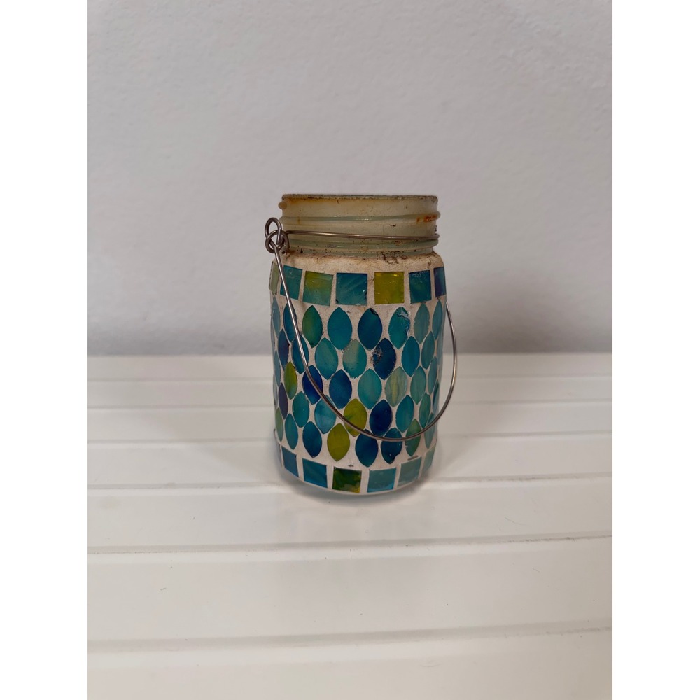 Mosaic Glass Jar Lantern Teal Blue Yellow Tile Candle Holder Wire Handle 5.25in